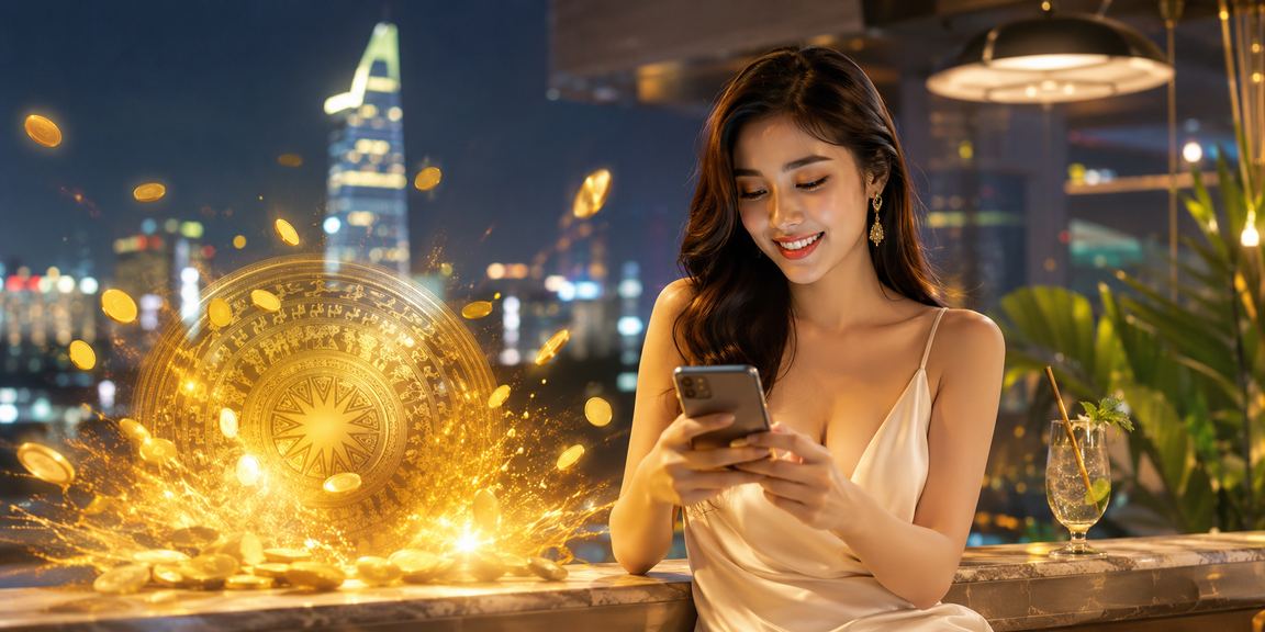 Không khí casino neon sôi động tại TP.HCM với người chơi nhận thưởng qua mobile