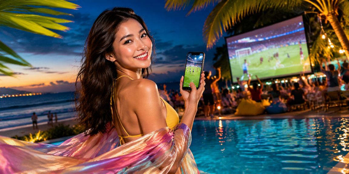 Người dùng tại Vũng Tàu xem kèo bóng đá trực tuyến trên bãi biển buổi chiều